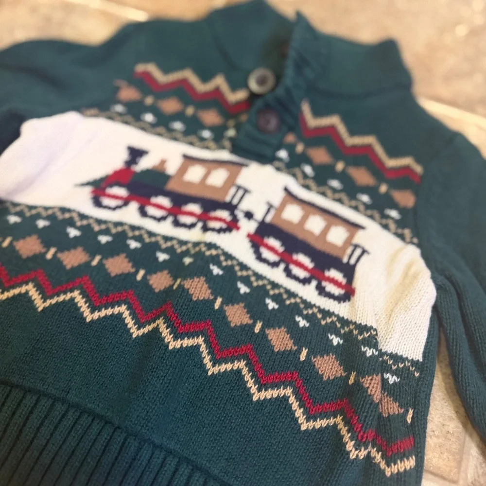 The Childrens Place Kids Green Fair Isle Train Knit Button Mock Sweater 9-12M